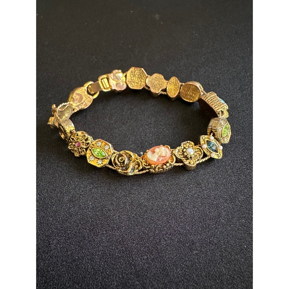 Vintage Gold Tone Multi Stone Cameo Floral Slide Bracelet Colorful Statement 7"